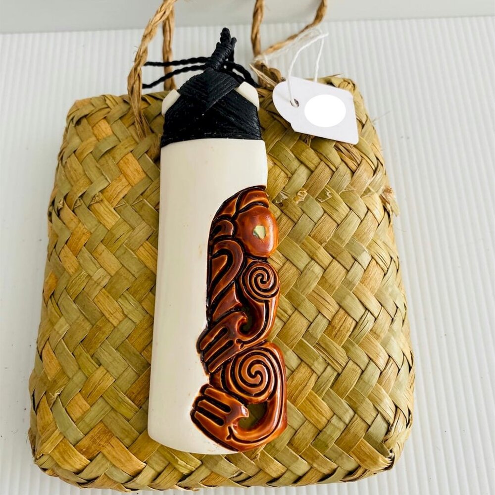 New Zealand Maori Carved Bone Toki Pendant with Tiki